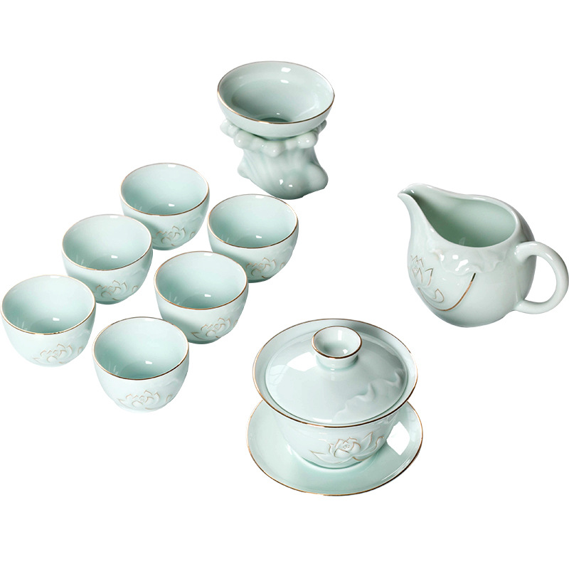 Jinzhu Sancai Bowl Tea Set Logo Lotus Rhyme Teapot Kung Fu Tea Set Wholesale Dehua Ceramics