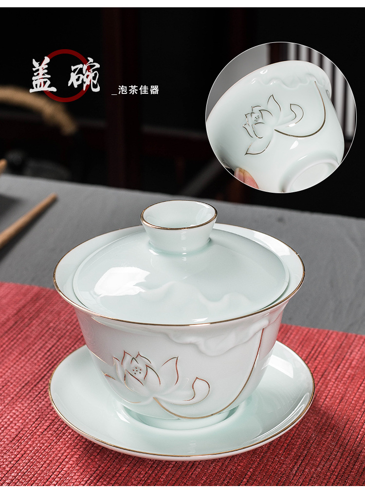 Jinzhu Sancai Bowl Tea Set Logo Lotus Rhyme Teapot Kung Fu Tea Set Wholesale Dehua Ceramics