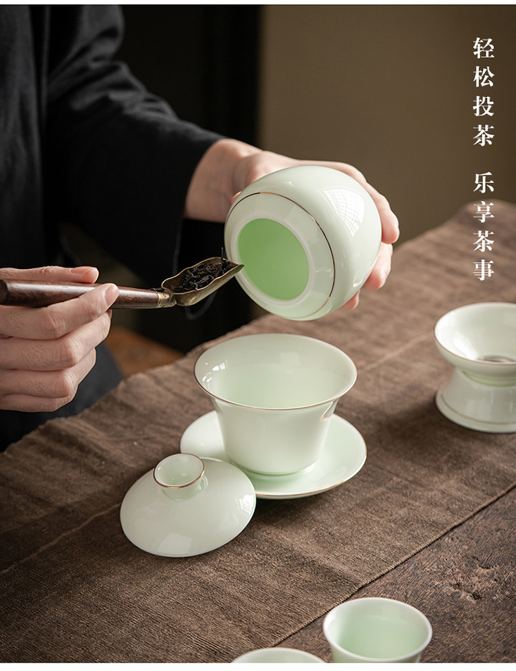 Ceramic customer side handle teapot, wooden handle, emerald green large set, Kung Fu tea set wholesale, annual meeting, anniversary celebration, business gift