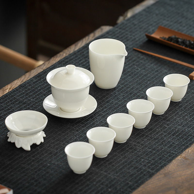 High end Dehua sheep fat jade white porcelain tea set set with gold painted ceramics, three talents bowl covering, Kung Fu tea set wholesale