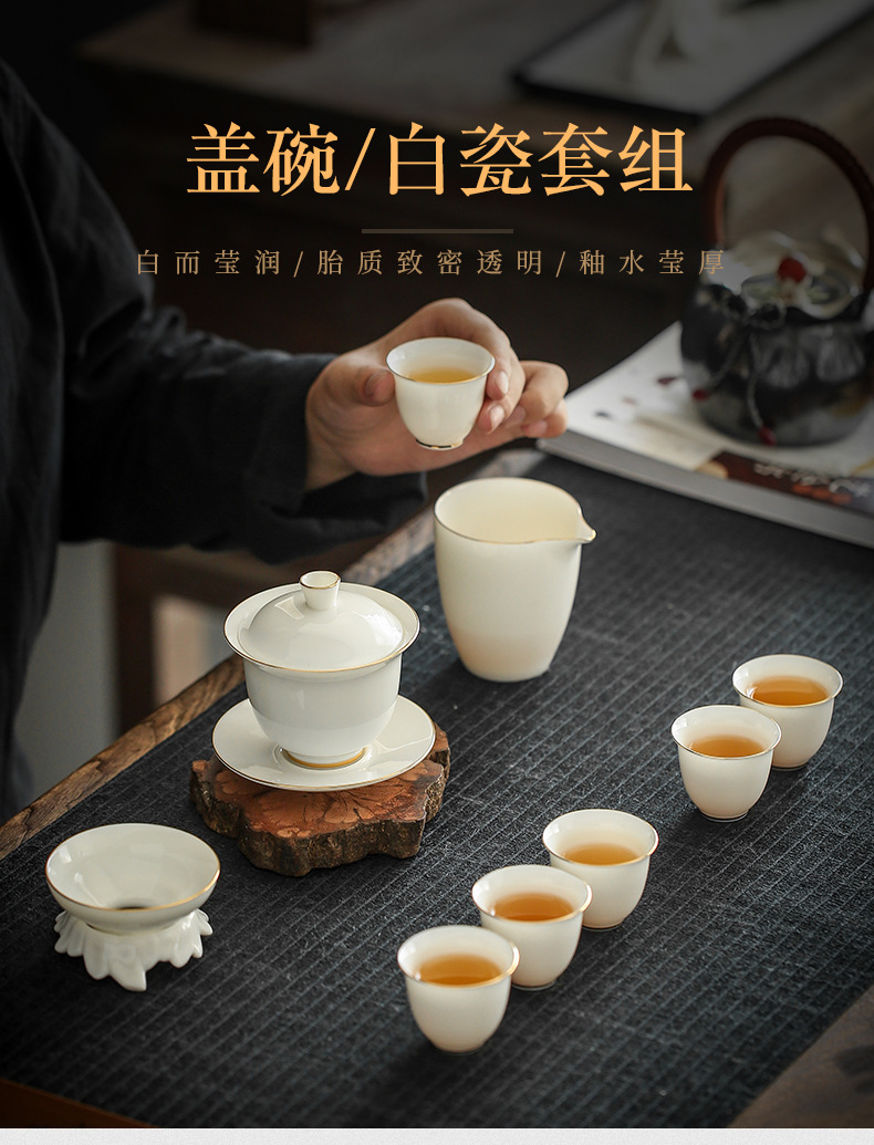 High end Dehua sheep fat jade white porcelain tea set set with gold painted ceramics, three talents bowl covering, Kung Fu tea set wholesale