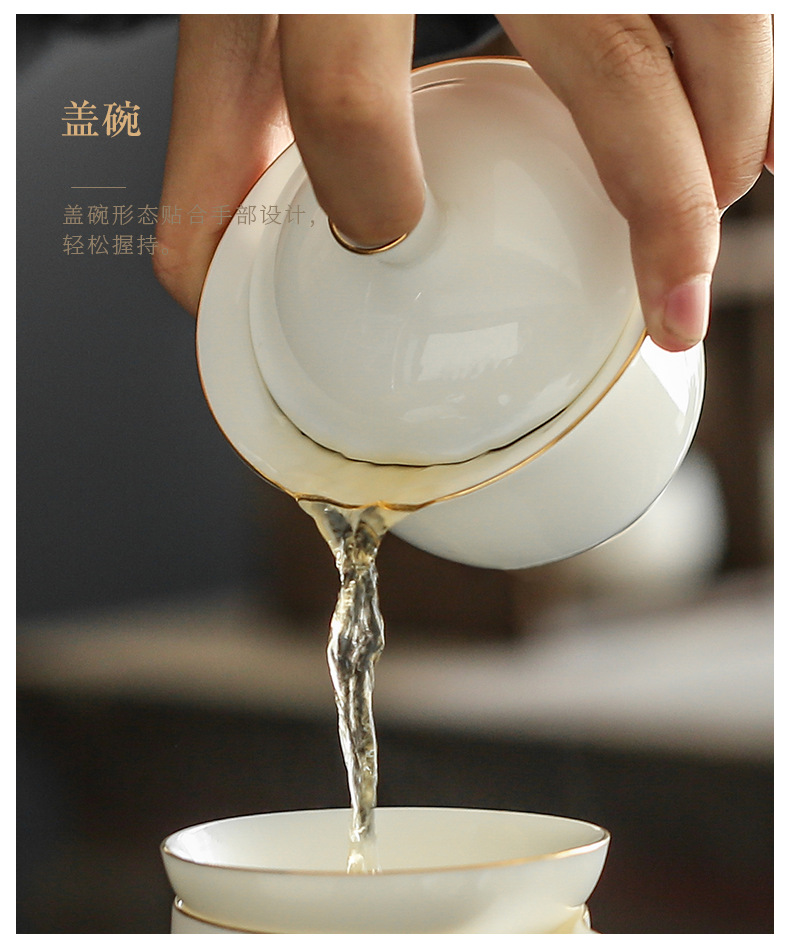 High end Dehua sheep fat jade white porcelain tea set set with gold painted ceramics, three talents bowl covering, Kung Fu tea set wholesale