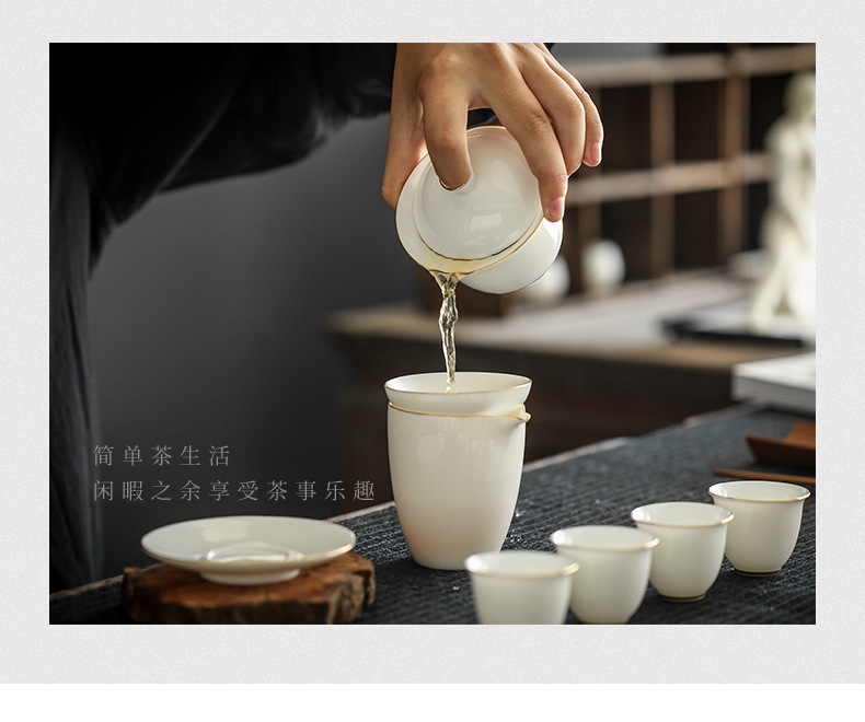 High end Dehua sheep fat jade white porcelain tea set set with gold painted ceramics, three talents bowl covering, Kung Fu tea set wholesale